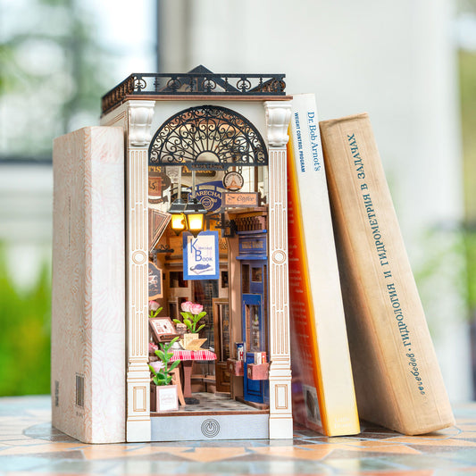 US Local ROBOTIME DIY Book Nook Kit - Arcade Dating Scene With Dust Cover, 3D Wooden Miniature Dollhouse Puzzle, Creative Bookend Bookshelf Decor, Unique Gift For Adults