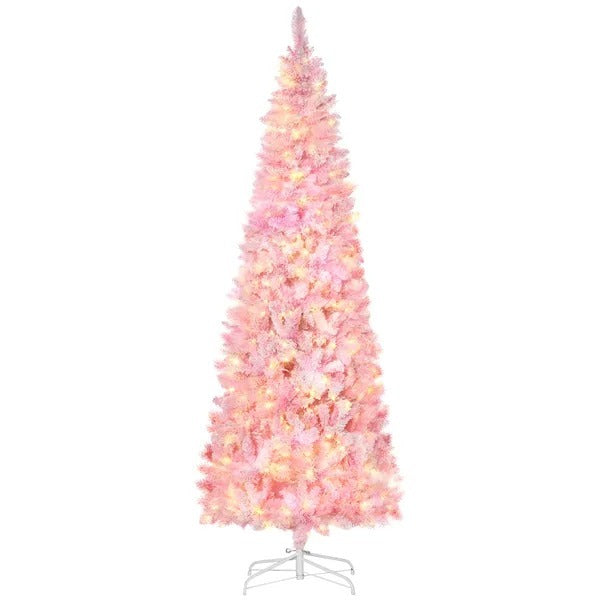 CA Local 7.5 ft Prelit Snow Flocked Artificial Christmas Tree With Pencil Shape, 700 Pine Realistic Branches, Warm White LED Lights, Auto Open, Pink And White