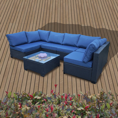 US Local Seven-Piece Sofa Set Table With Sofa Chair Black PE Rattan Outdoor Furniture 7-JH001 Box 3-1-2-3 With Blue Color Cushion