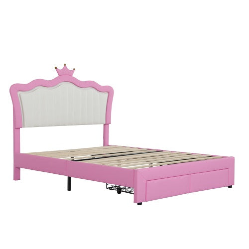 US Local Full Size Upholstered Bed Frame With LED Lights, Modern Upholstered Princess Bed With Crown Headboard, 2 Drawers