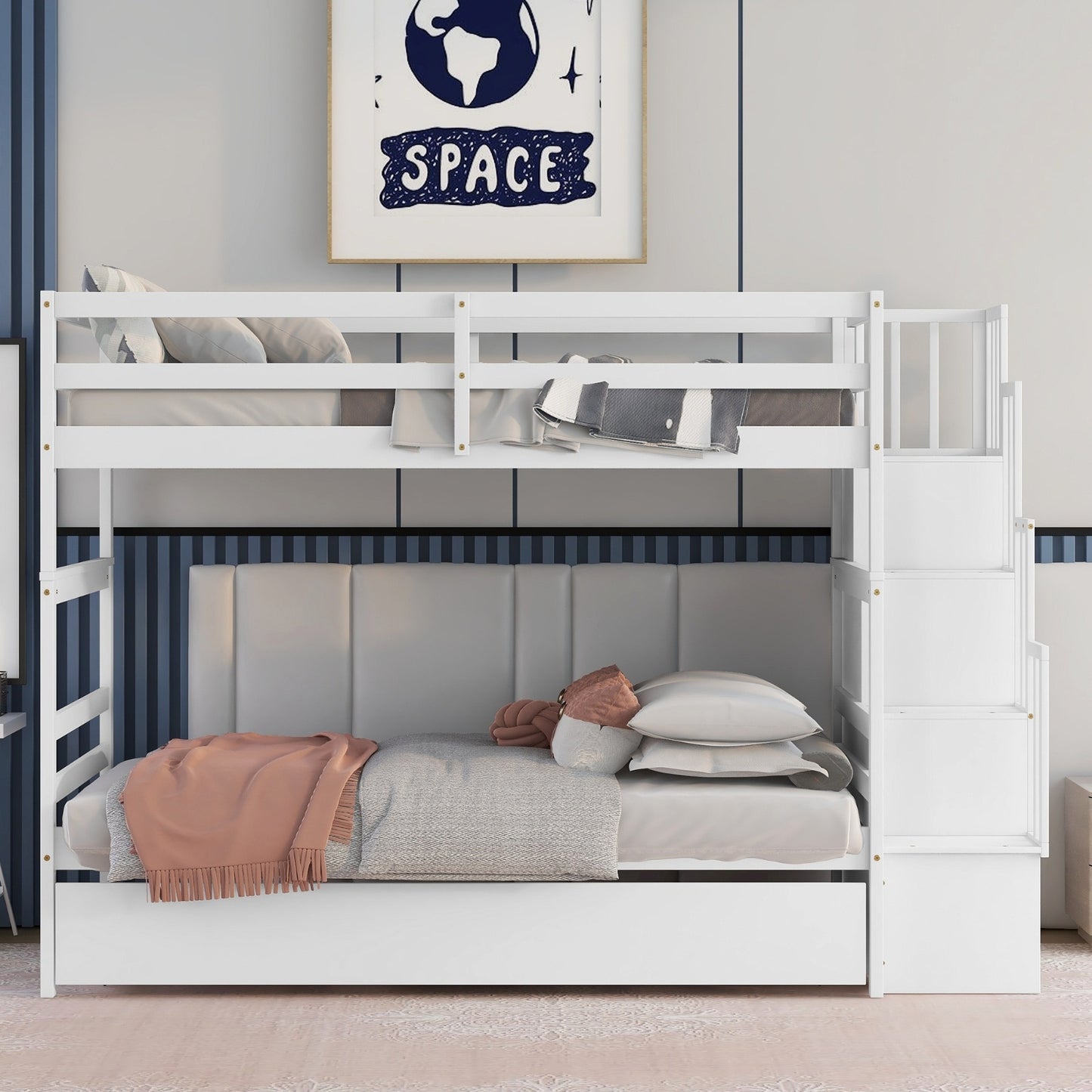 US Local Twin Bunk Beds With Trundle & Stairway Storage In White