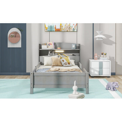 US Local Wood Twin Size Platform Bed With Built-in LED Light, Storage Headboard And Guardrail, Antique Grey