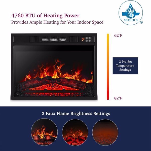 US Local 23 Inch Electric Fireplace, 3D Infrared Black Fireplace Electric Heater With Infrared Remote Control, Glass Field Of View, Adjustable Realistic Wood And Flames, Indoor, 1400W