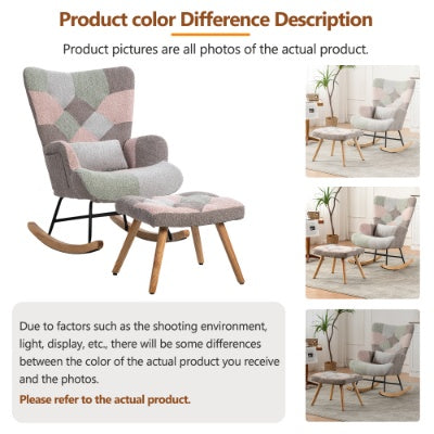 UK Local Rocking Chair, Fabric Relaxing Chair Wingback Accent Chair With Solid Wood Legs, Accent Armchair With Ottoman Single Sofa, Chair With Footstool And Pillow For Home Living Room Bedroom, Multicolour