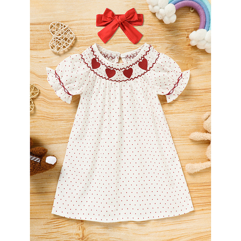 US Local Baby Girl's Valentine's Day Dress Short Sleeve Red Heart Embroidery Dress With Headband Smocked Princess Party Dress