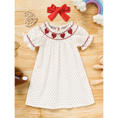 US Local Baby Girl's Valentine's Day Dress Short Sleeve Red Heart Embroidery Dress With Headband Smocked Princess Party Dress