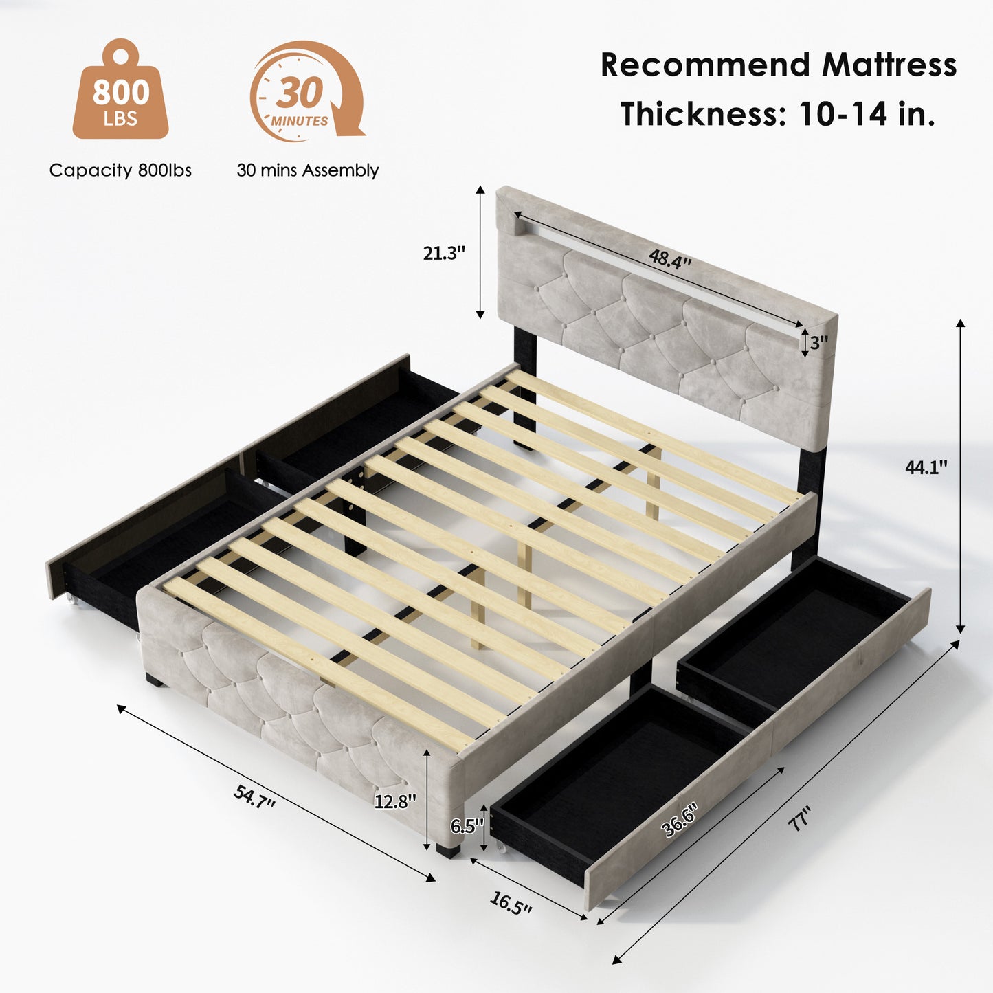 US Local Upholstered Platform Storage Bed Frame With 4 Drawers And LED Light,No Box Spring Needed