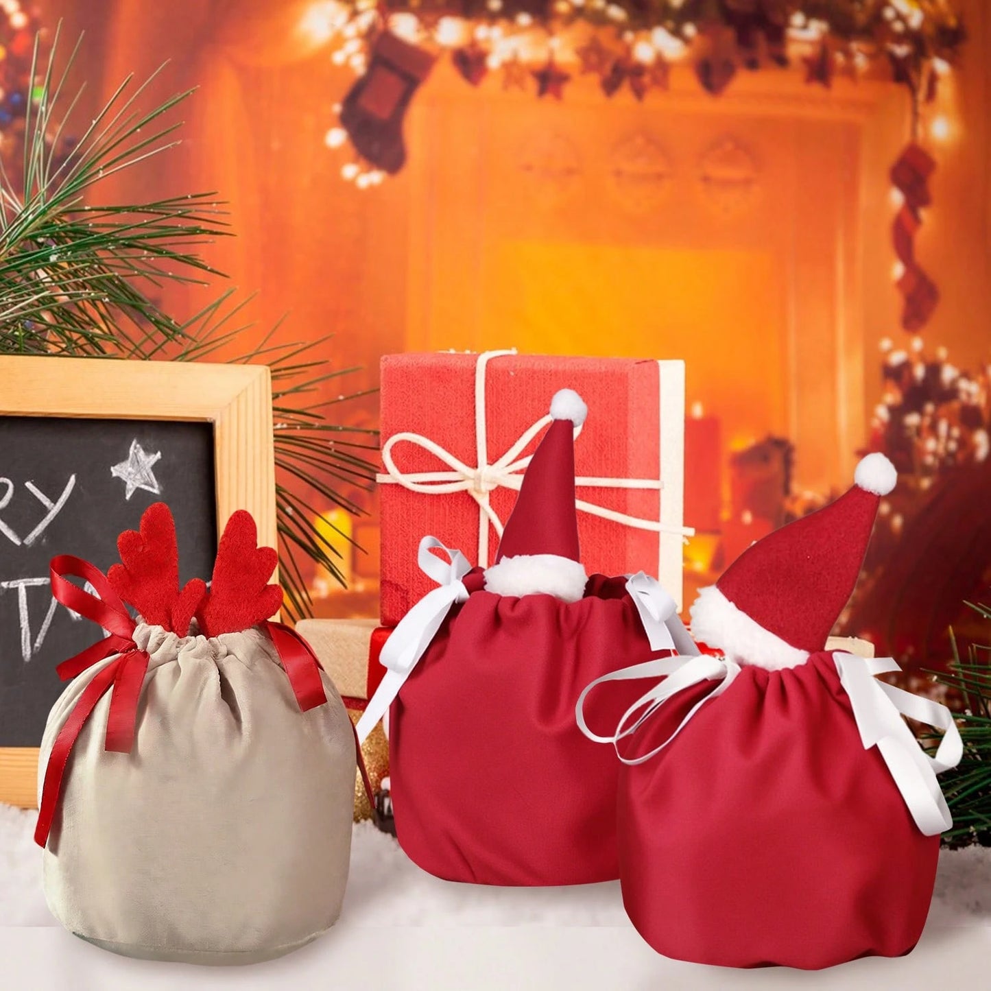 US Local Set Of 5 Christmas Velvet Drawstring Gift Bags With Reindeer Antler Design. Suitable For Organizing Jewelry Or Candy. Santa Gift Bags, Perfect For Holidays, Weddings, And Birthday Party Favors.