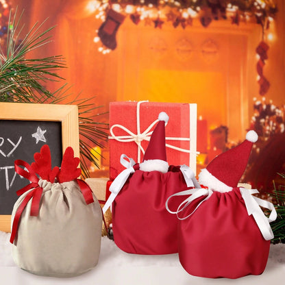 US Local Set Of 5 Christmas Velvet Drawstring Gift Bags With Reindeer Antler Design. Suitable For Organizing Jewelry Or Candy. Santa Gift Bags, Perfect For Holidays, Weddings, And Birthday Party Favors.