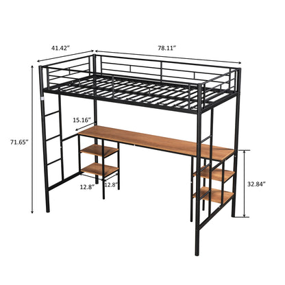 US Local Twin-Size Loft Bed With Built-in Table & Shelves - Heavy-Duty Metal