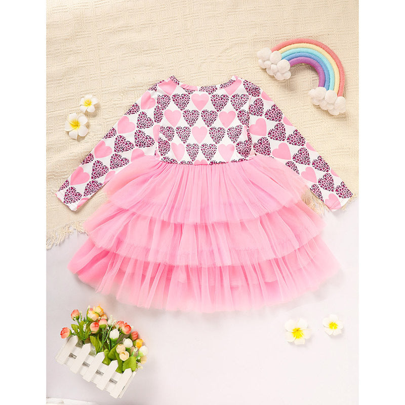 US Local Toddler Girls Outfits Long Sleeve Graphic Heart Print Mesh Tulle Dress Valentine Birthday Party Dresses