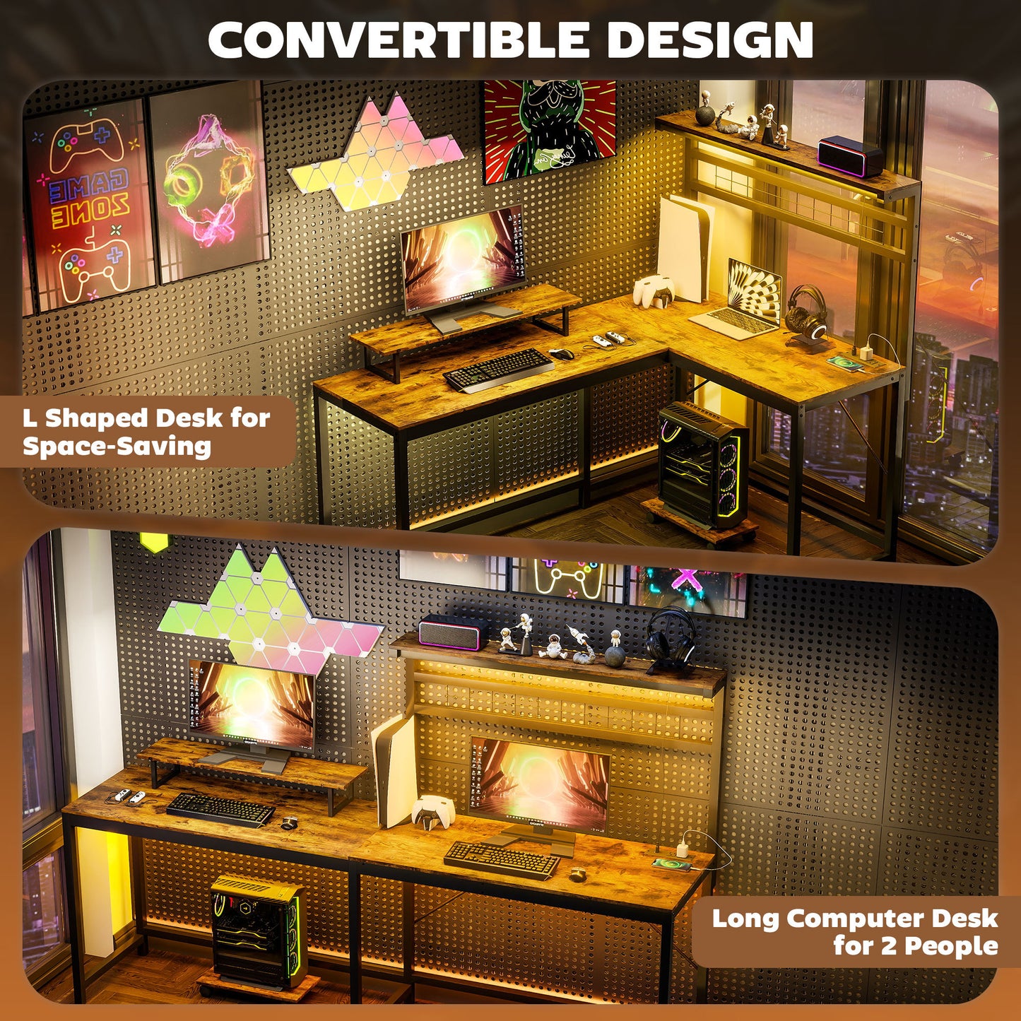 US Local 61.6 L Shaped Gaming Desk With Power Outlets & LED Lights, Computer Desk With Monitor Stand And CPU Shelf, Rustic Brown