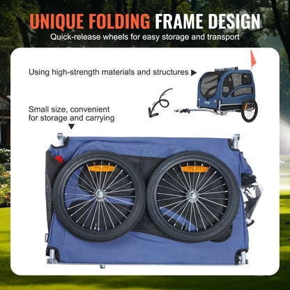 Pet Cart Bicycle Carrier, Easy Folding Frame With Quick Release Wheels, Universal Bicycle Coupler, Reflectors, Flag, Collapsible To Store, Blue Black