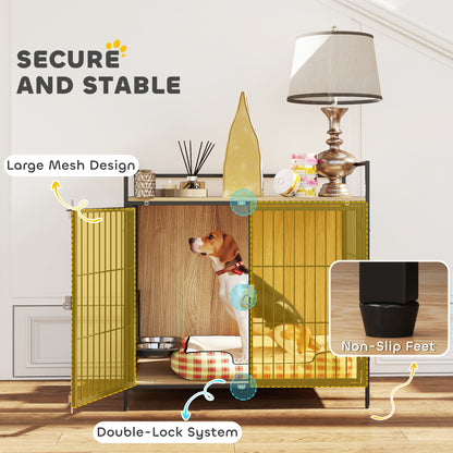 US Local 30 Inch Dog Crate Furniture, Indoor Pet Kennel Side Table With Rotatable Bowls, 2 Anti-Escape Doors, For M Dogs, Oak