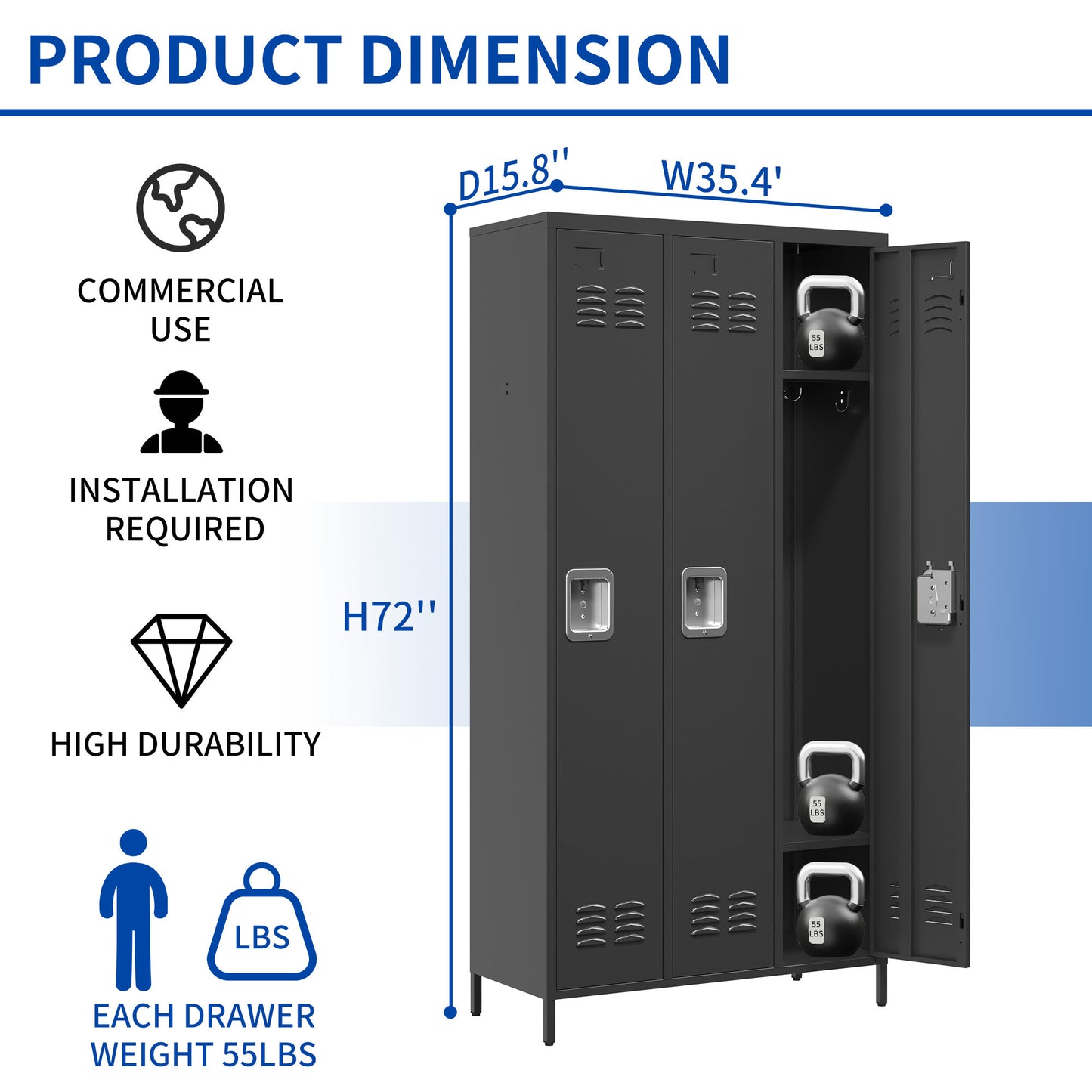 US Local 3 Door Metal Lockers With Lock For Employees,Storage Locker Cabinet  For Home Gym Office School Garage,Black