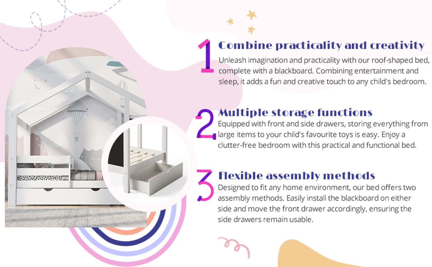 US Local Twin House Bed With Blackboard And Drawers, Two Assembly Options, White