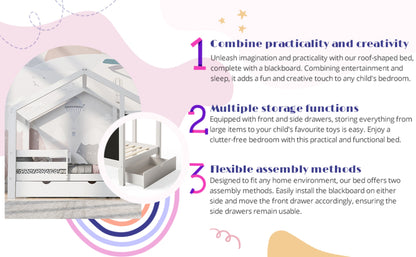 US Local Twin House Bed With Blackboard And Drawers, Two Assembly Options, White