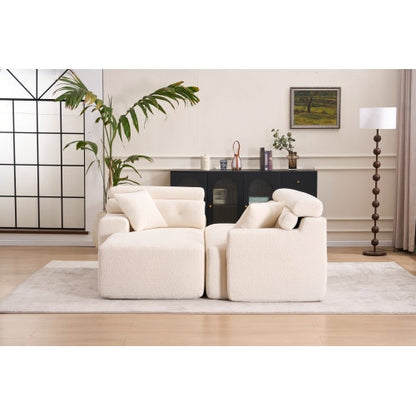 US Local LY-029B WHITE COMPRESSION SOFA Combining Chaise Longue With 3-seater  Wood Grain Chenille Fabric, Full Sponge Compression Sofa,combined Sofa With 2 Pillows For Living Home Furniture