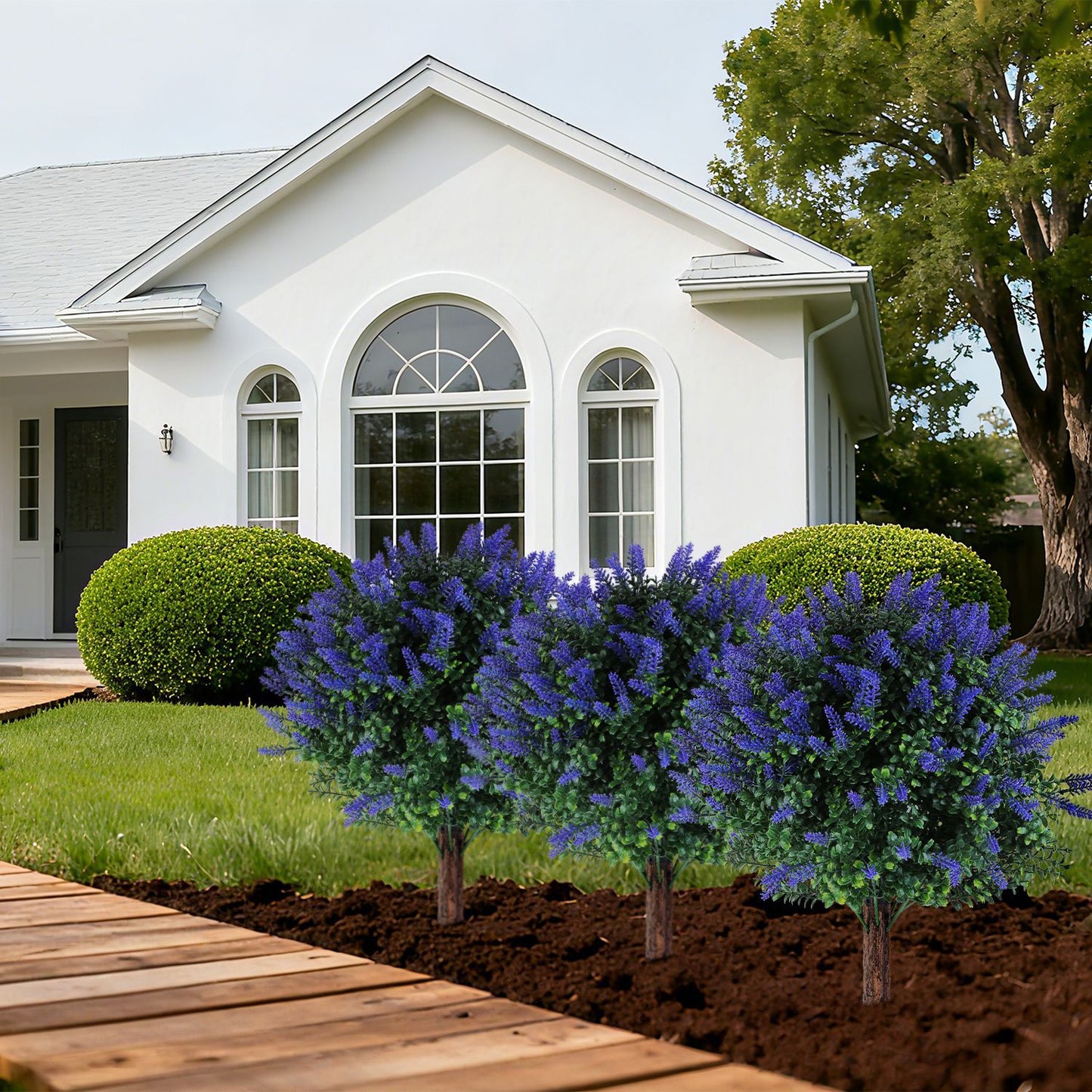 US Local 2 Packs Artificial Lavender Topiary Ball Trees UV Resistant Artificial Shrubs Fake Plants Evergreen Artificial Bush With Ground Spike For Indoor Outdoor Front Porch Garden