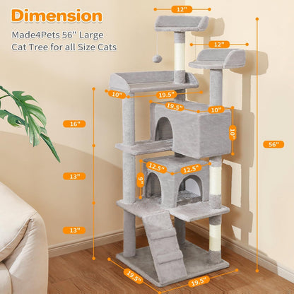 US Local Made4Pets 56-inch Pet Cat Tree For Indoor Cats Multi-Level Cat Tree With 2 Apartments Cat Activity Center With Scratching Posts And Toys Light Gray