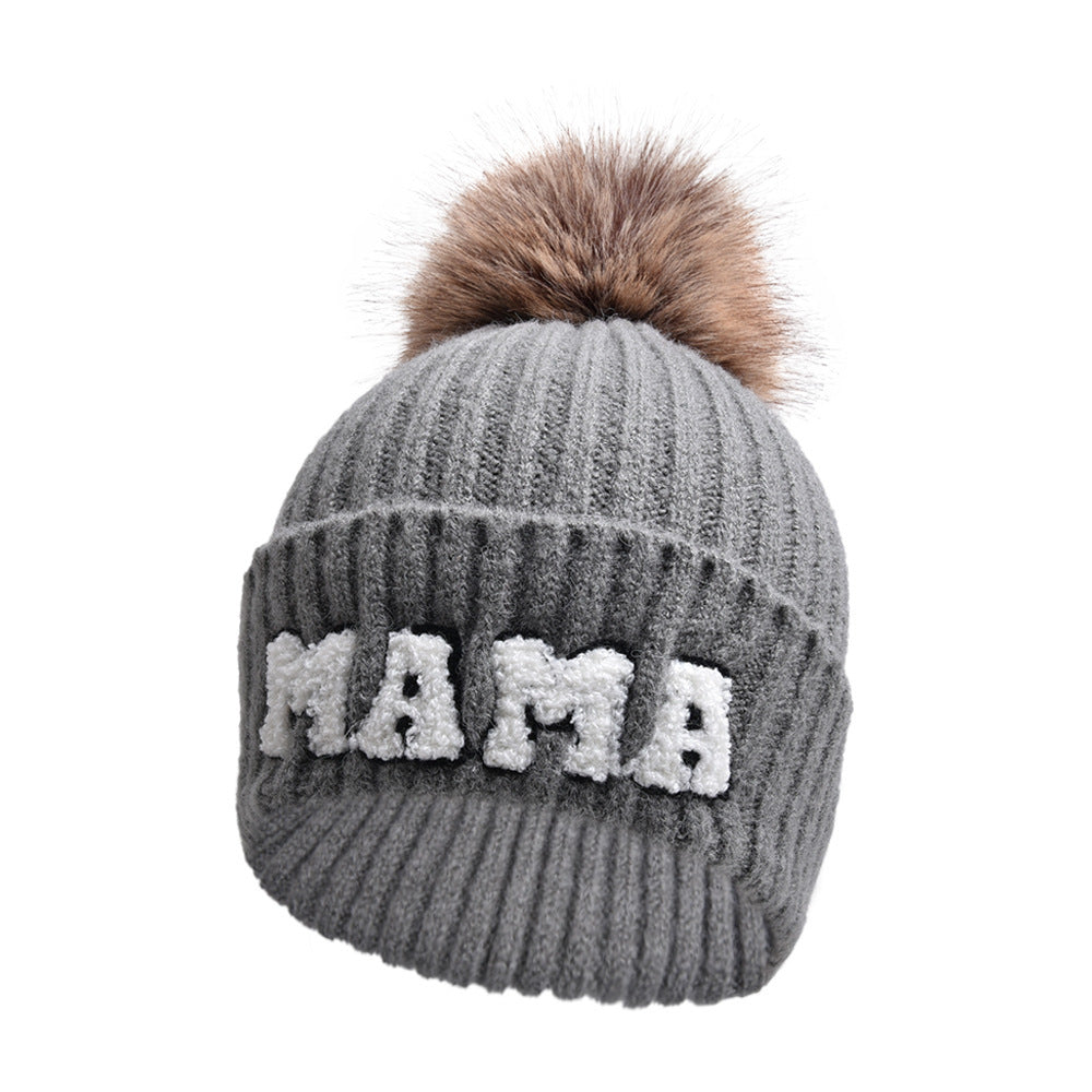Letter MAMA Woolen Cap Outdoor Fur Ball Warm Hat
