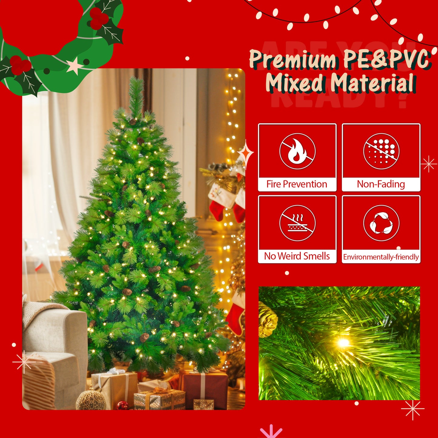 US Local 6 Ft Long Grass Green Christmas Tree, Big Branch Pine Tree, Pre-Installed Lighting Set With Tree & Garland & Garland, Artificial Christmas With Pine Cone, Articulated Christmas Tree For Holiday Part