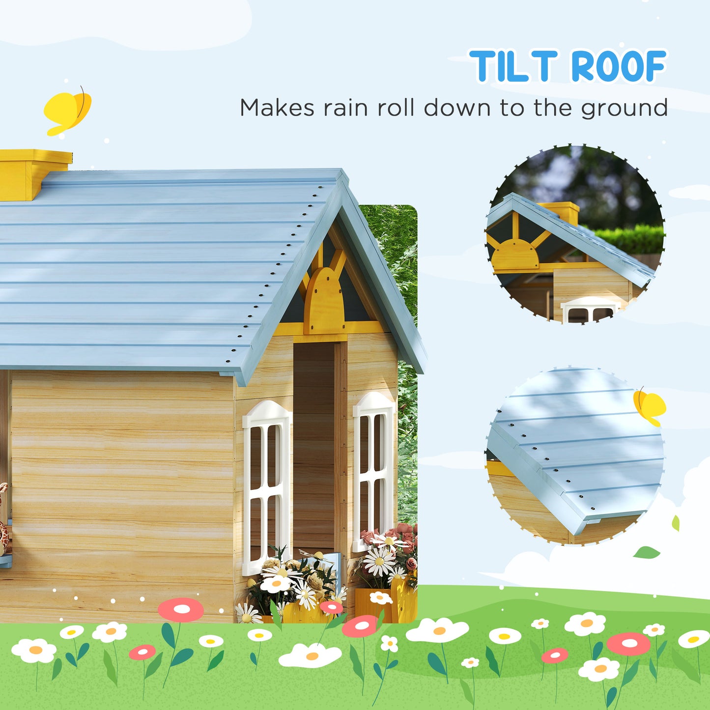 US Local Wooden Playhouse For Kids Outdoor Garden With Working Door, Windows, Bench, Service Station, Flowers Pot Holder, Blue