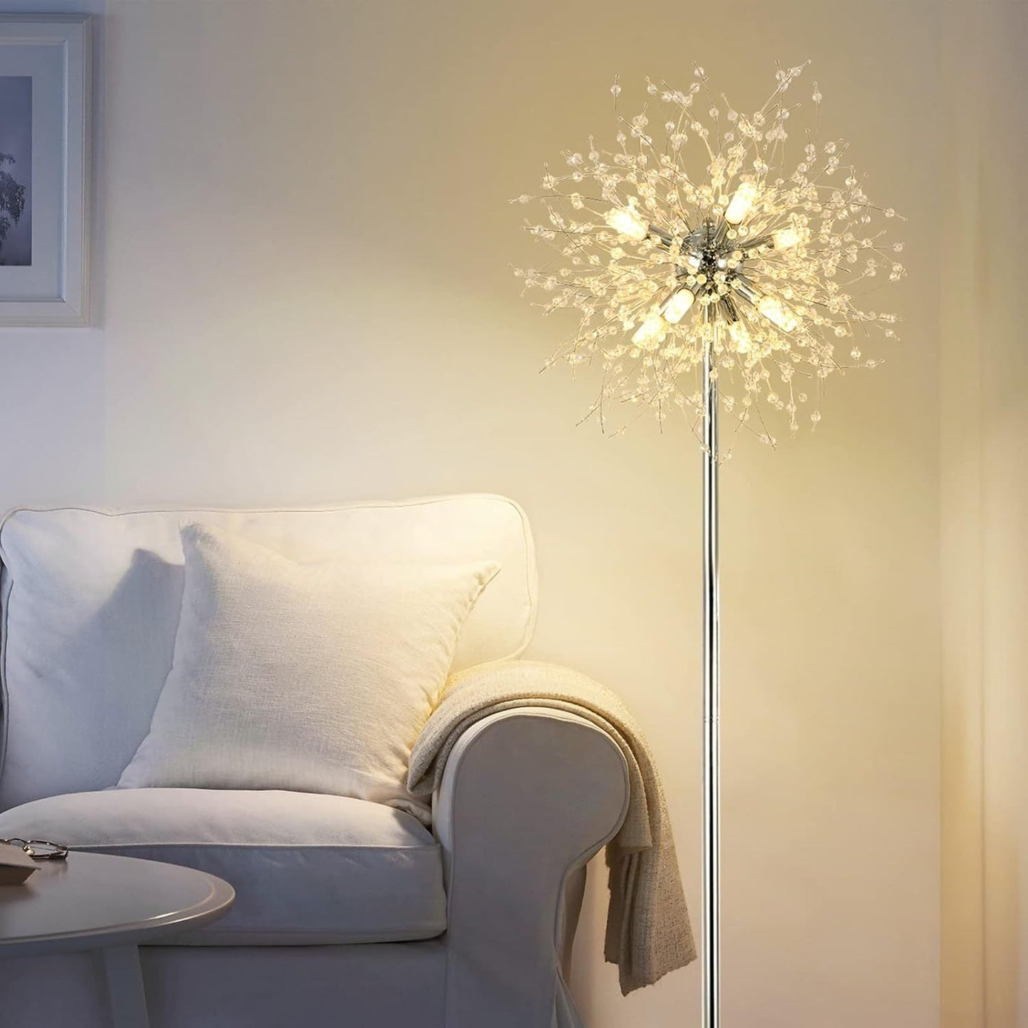US Local Bedroom Crystal Floor Lamp,,69 Inch High Pole Lamp,Modern Room Decorative Floor Lamp,Includes 32 Fireworks Crystal Suspenders, Chrome Finish