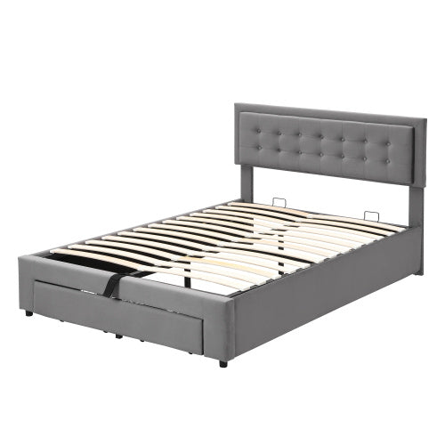 UK Local Upholstered Bed,Double Bed-4ft6 135x190cm, Velvet Fabric, Double Bed, Large Storage Space,With Slats And Headboard,Without Mattress,Grey