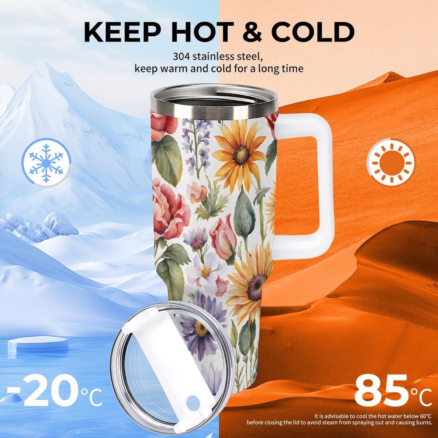 PHDT00048 POD US Local Tumbler 40 oz Large Capacity Car Cup Flowers, Retro