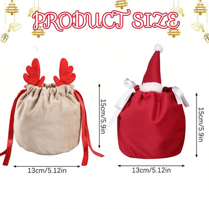 US Local Set Of 5 Christmas Velvet Drawstring Gift Bags With Reindeer Antler Design. Suitable For Organizing Jewelry Or Candy. Santa Gift Bags, Perfect For Holidays, Weddings, And Birthday Party Favors.