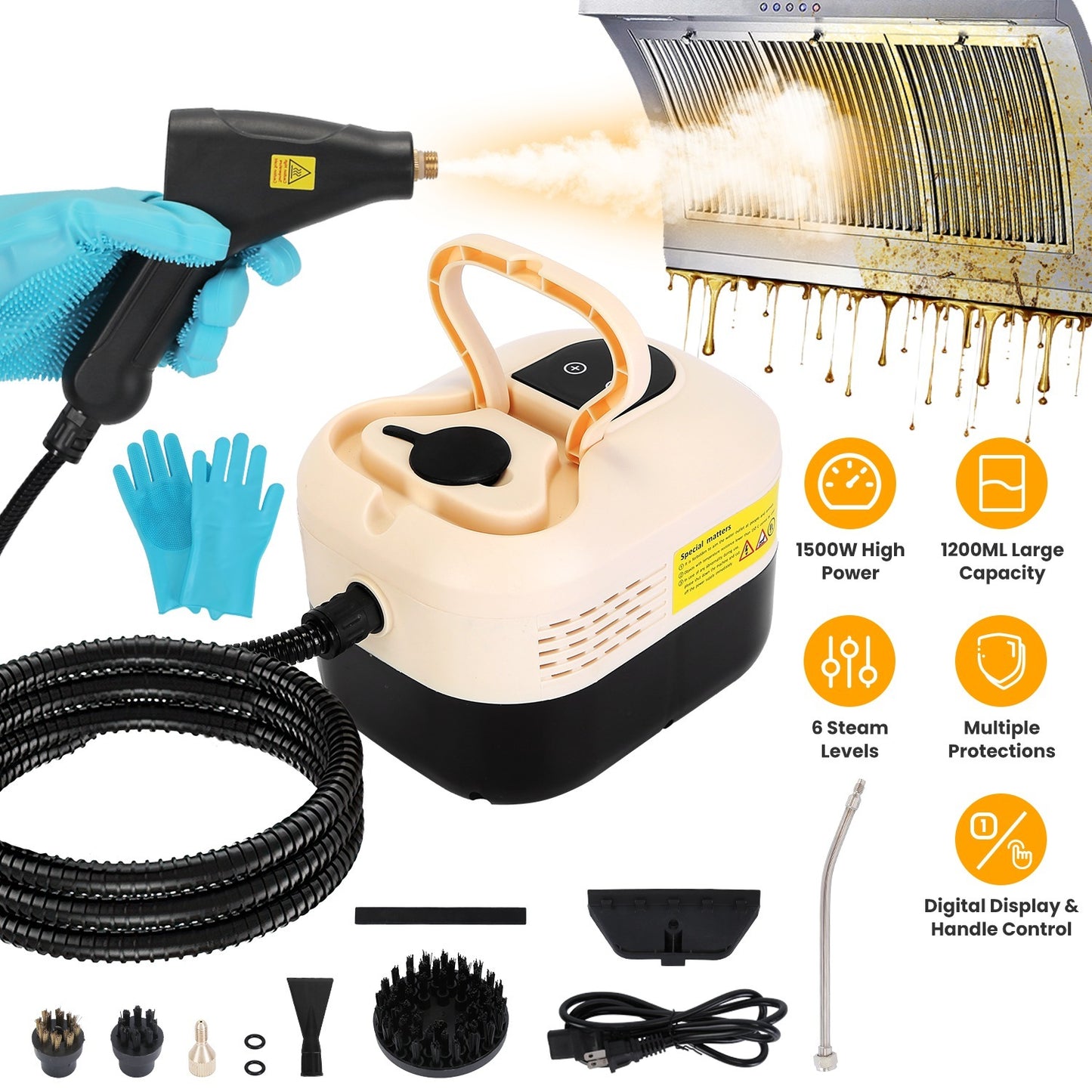 US Local 1500W Handheld High Temperature And Pressure Steamer Cleaner With 1200ML Tank 8 Accessories 6 Steam Levels Digital Display Handle Control For Dirt Grease Grout Tile Floor Couch Car