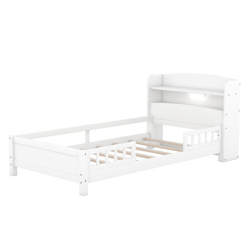 US Local Wood Twin Size Platform Bed With Built-in LED Light, Storage Headboard And Guardrail, White