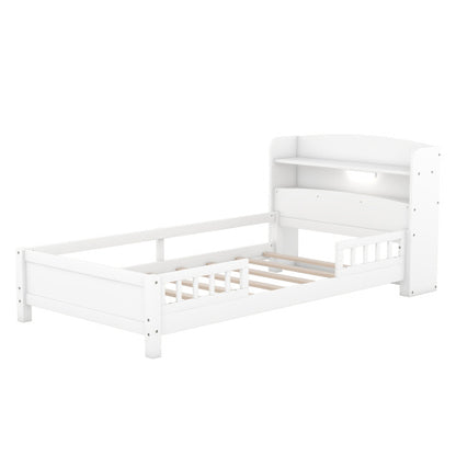 US Local Wood Twin Size Platform Bed With Built-in LED Light, Storage Headboard And Guardrail, White
