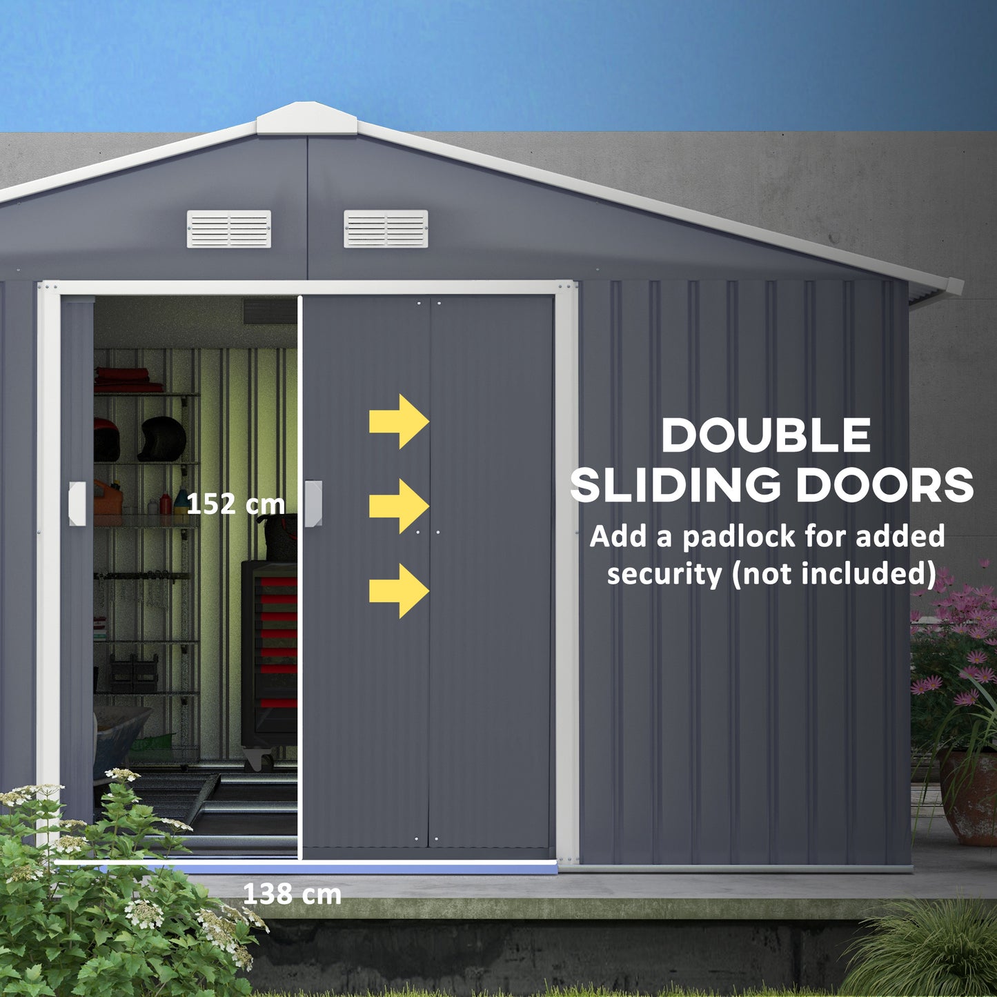US Local 12.6' X 11' Metal Storage Shed, Garden Tool House With Double Sliding Doors, 4 Air Vents For Backyard, Patio & Lawn, Dark Gray