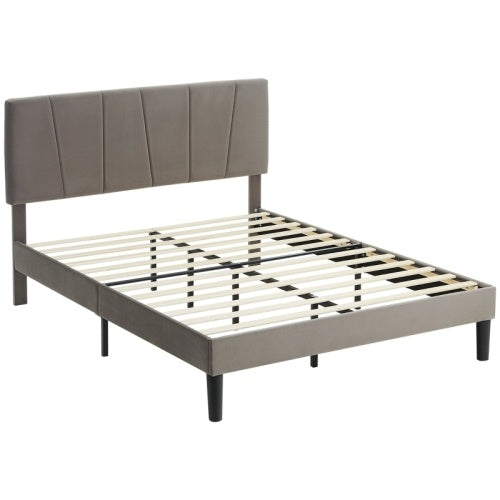 UK Local HOMCOM King Size Bed Frame, With Velvet-Feel Headboard - Grey