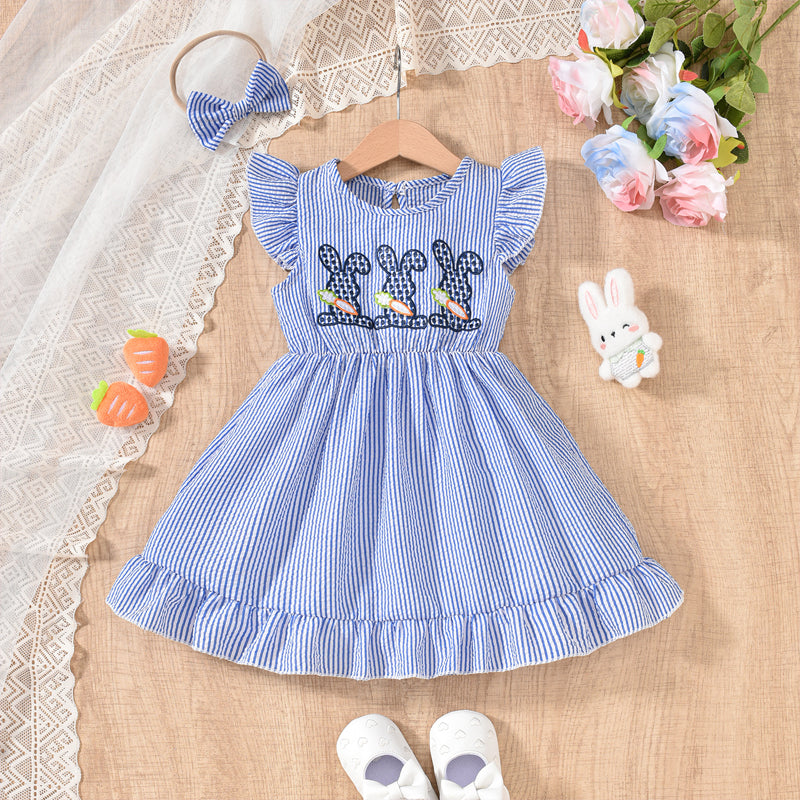 US Local Toddler Girl's Bunny Embroidered Dress, Round Neck Short Sleeve A-Line Dress With Back Button Closure