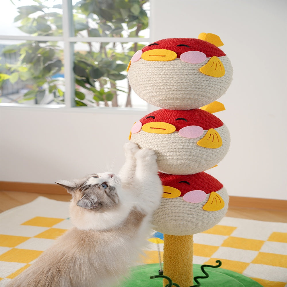 US Local Cute Puffer Fish-shaped Cat Climbing Frame, Three-tier Climbing Tower With Base, Indoor Cat Scratching Post Climbing Frame With Vertical Claw Interactive Cat Toy, Suitable For Cats Of All Sizes