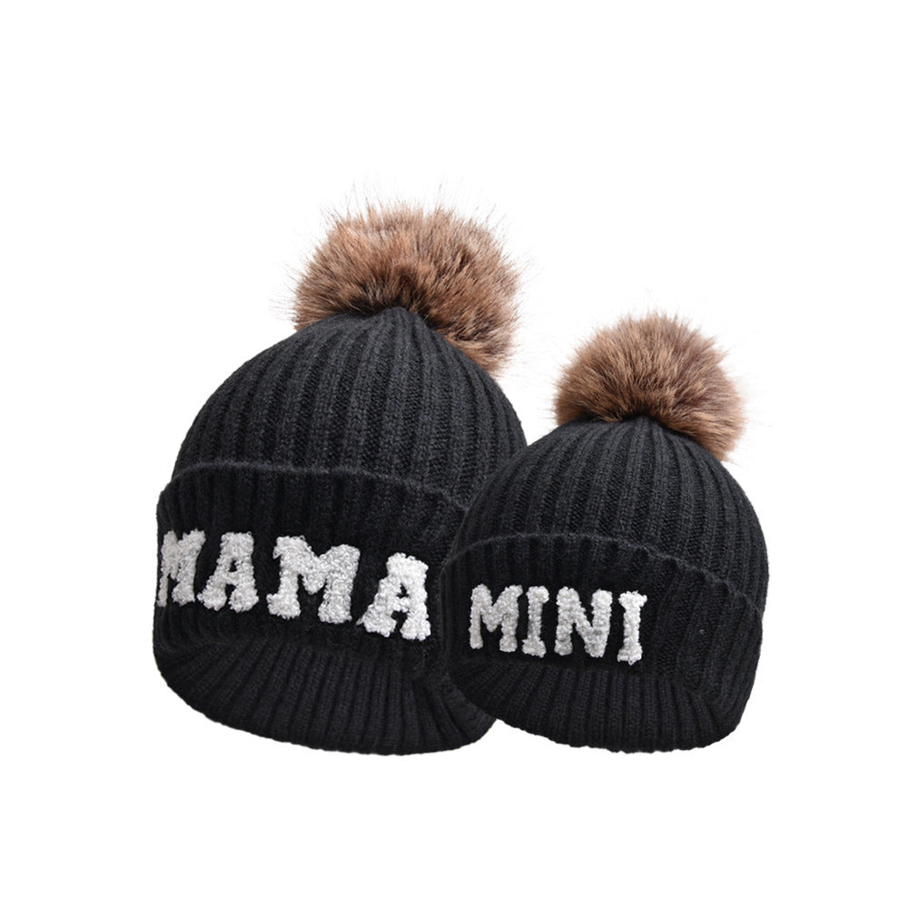 Letter MAMA Woolen Cap Outdoor Fur Ball Warm Hat
