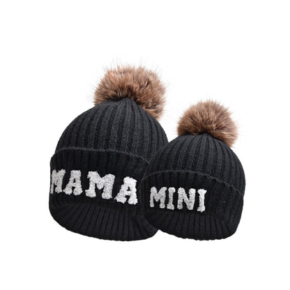 Letter MAMA Woolen Cap Outdoor Fur Ball Warm Hat