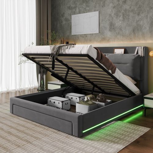 UK Local Upholstered Bed, 150x200 5ft King Size Bed, Hydraulic Bed, 2-in-1 Storage Drawers At The End Of The Bed, Recessed LED Light Strips On Both Sides Of The Bed, Slatted Frame, Velvet,Dark Gray