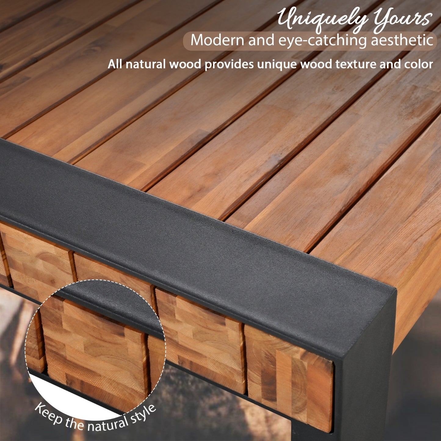 US Local GO 3-pieces Outdoor Dining Table With 2 Benches, Patio Dining Set With Unique Top Texture, Acacia Wo