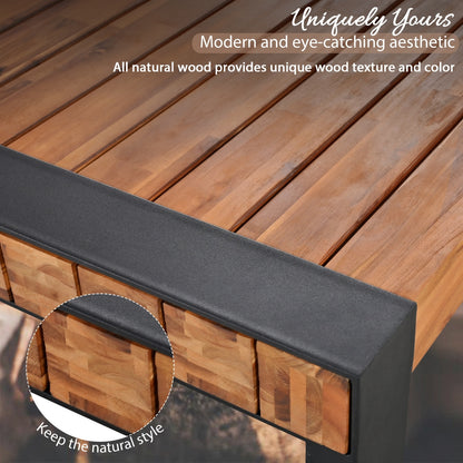 US Local GO 3-pieces Outdoor Dining Table With 2 Benches, Patio Dining Set With Unique Top Texture, Acacia Wo