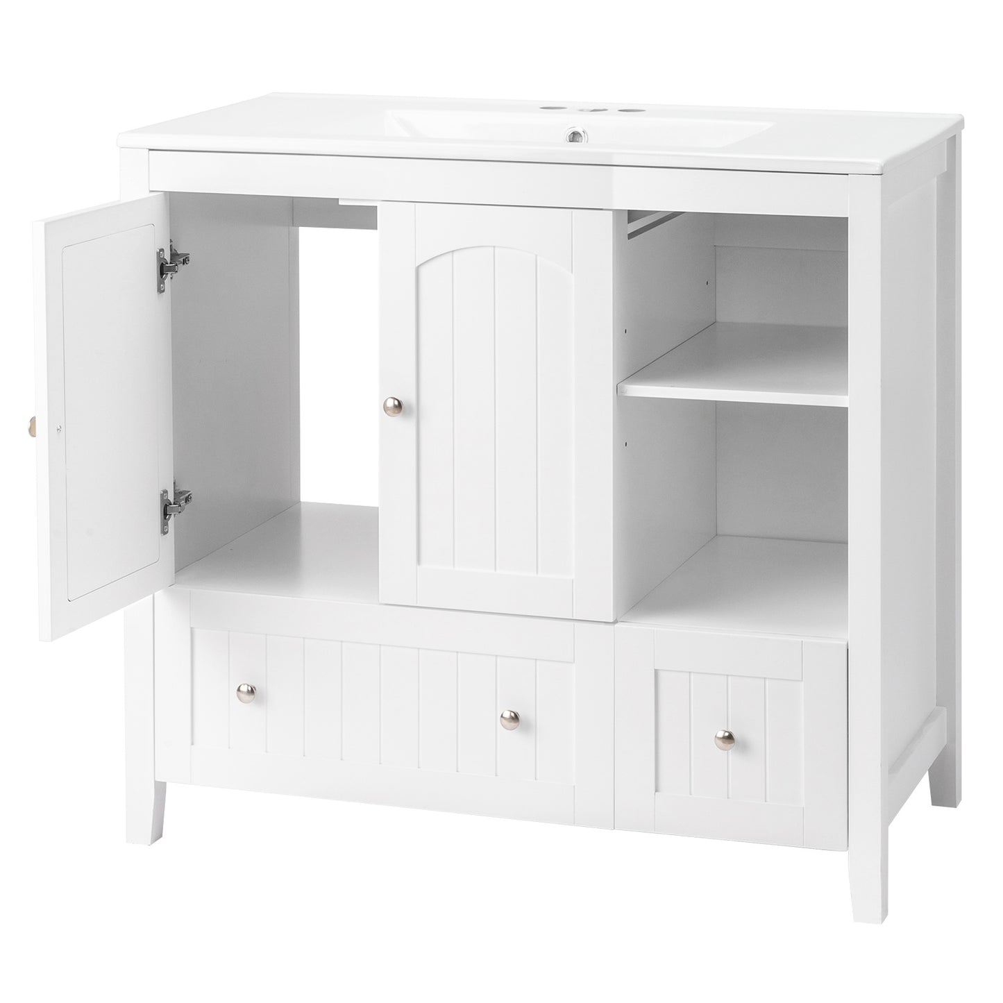 US Local White MDF Painted Double Door Double Drawer With Masking Strip Basin Cabinet 91x46x82cm