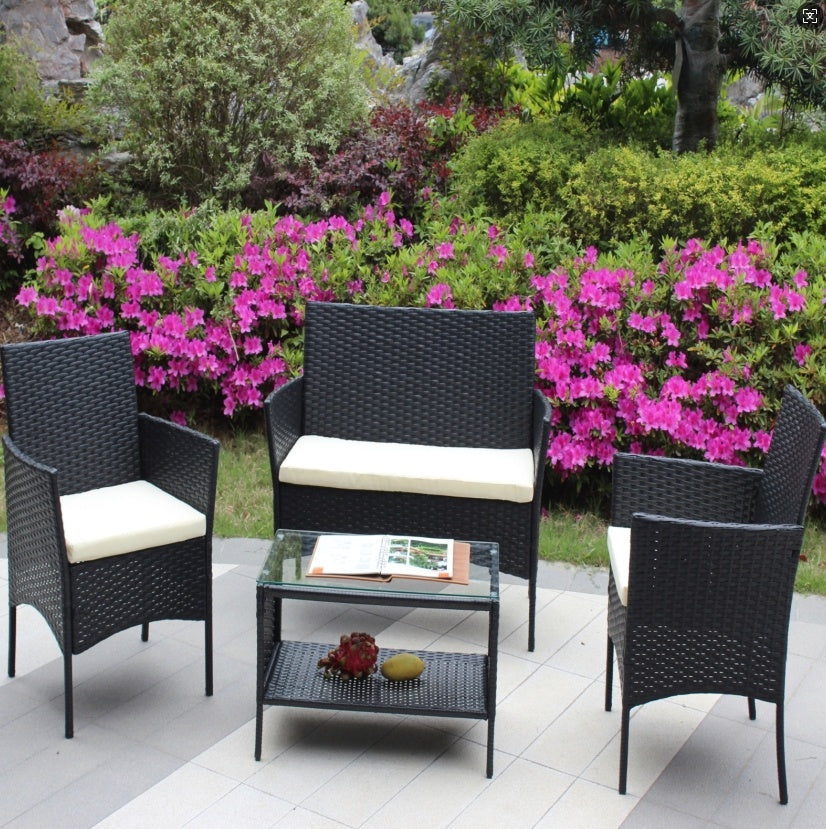 US Local 4PC Rattan Patio Set Outdoor Cushioned Wicker Sofa - Beige