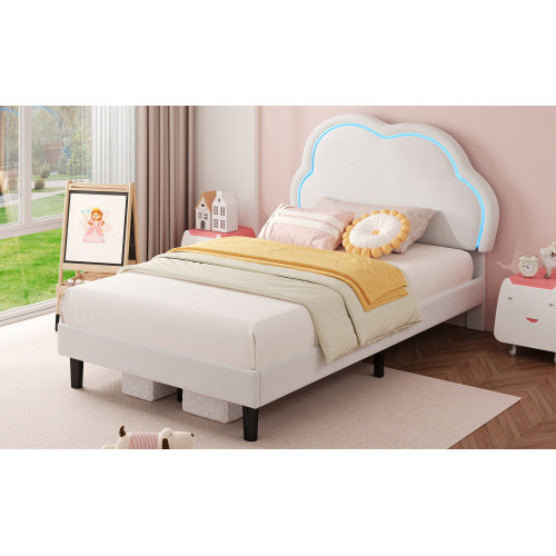 UK Local 3ft Single Upholstered Bed With LED Adjustable Cute Cloud Headboard, Soft Velvet Bed Frame With Solid Wood Slat, No Box Spring Needed, Easy Assembly, Cream White No Mattress