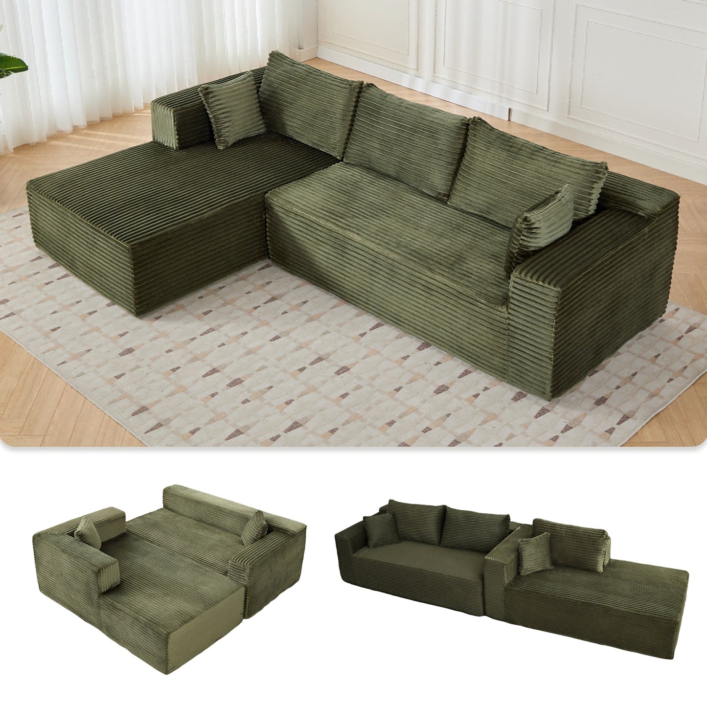 US Local L-Shaped Compression Sofa Bed With Corduroy Fabric - Convertible Sectional Sofa, Foldable Floor Couch Sleeper, Space-Saving Flannel-Like Lounge For Small Apartments, Living Room & Game Room NO TUME