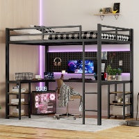 US Local Full XL Metal Loft Bed With Desk And Shelves, Loft Bed With Ladder And Guardrails, Loft Bed Frame For Bedroom, Black