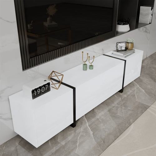 UK Local TV Cabinet, White High-gloss Cabinet And Black Contrasting Table Legs, With Simple Cabinet Doors And Drawers.