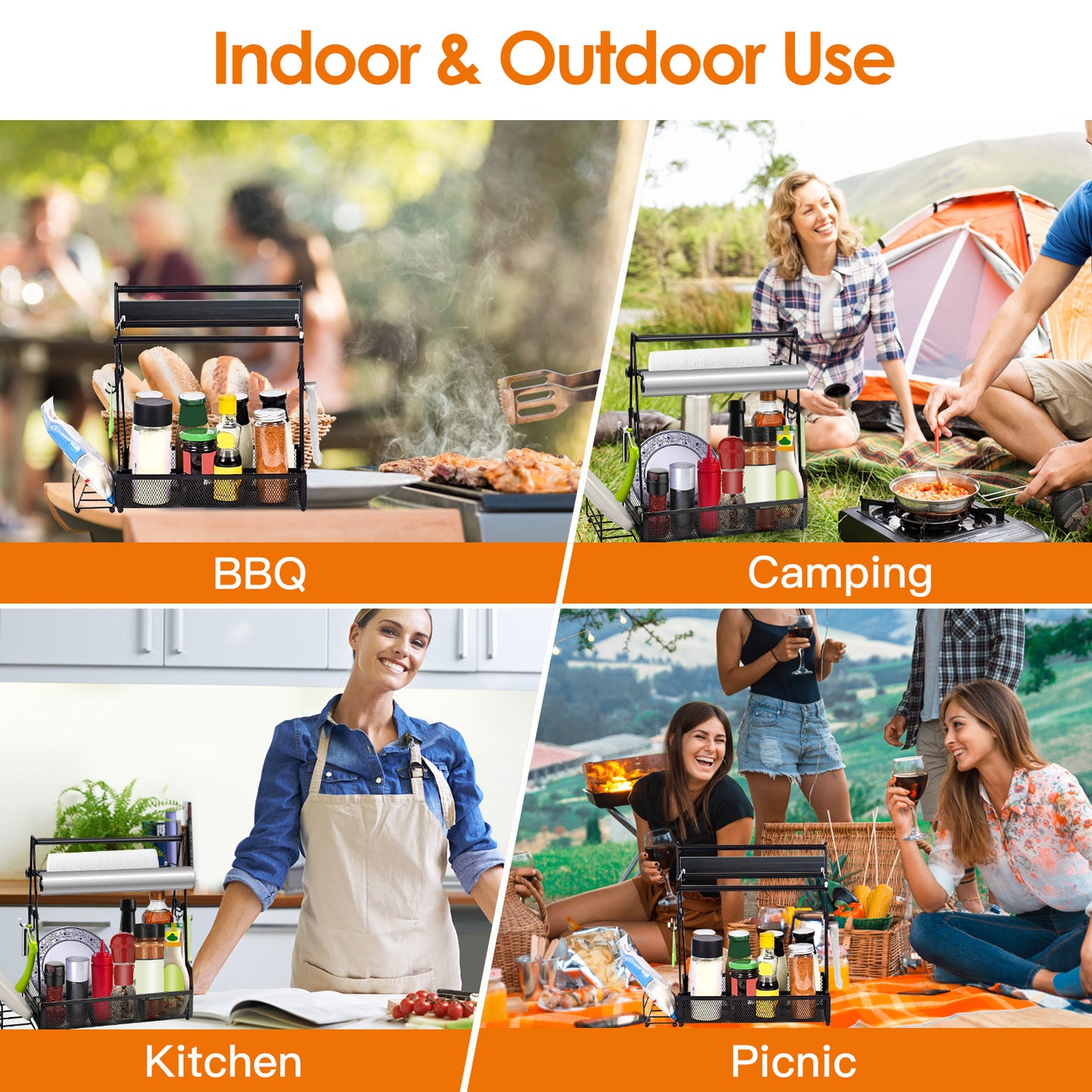 US Local Utensil Caddy Metal Grill Caddy With Paper Towel Holders Utensil Holder For Outdoor Picnic Barbecue Camping Grilling Tools Storage Organizer Barbecue Accessories